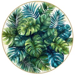 Fototapeta premium Tropical leaves and geometric patterns in green on a white background