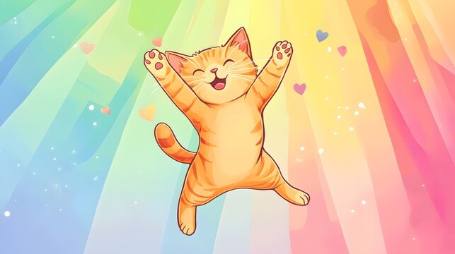 Happy Cat Jumping with Hearts on Rainbow Background