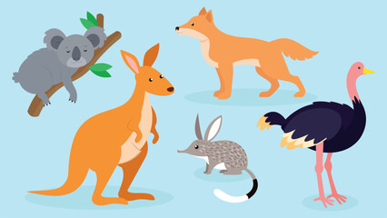 Animals of Australia. Vector illustration in flat style on blue background.