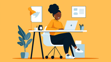 Illustration of a woman working on a laptop at a desk in a modern home office setup. The room has a bright orange background, plants, and wall art.