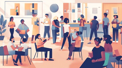 Illustration of a vaccination drive with diverse groups of people receiving vaccines in a community center