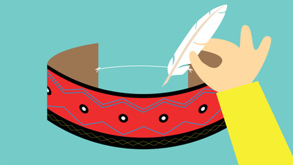 Illustration of a hand holding a quill pen and a decorative belt