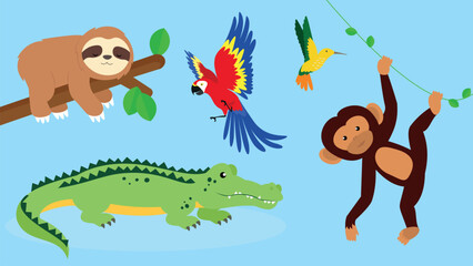 Cute tropical animals set. Vector illustration of monkey, crocodile, monkey, parrot, parrot