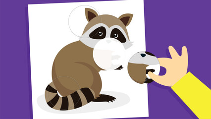 Raccoon drinking coffee. Vector illustration in flat design style.