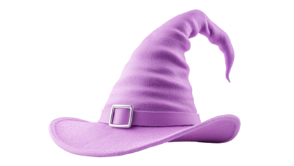 A whimsical soft purple witch hat featuring a sleek silver buckle. The hat's texture adds a playful yet magical vibe, making it perfect for Halloween costumes, fantasy themes, and festive decorations.