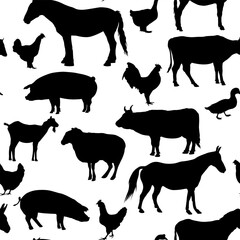 Farm animals silhouettes pattern. Collection of domestic cattle. Illustration isolated on white.
