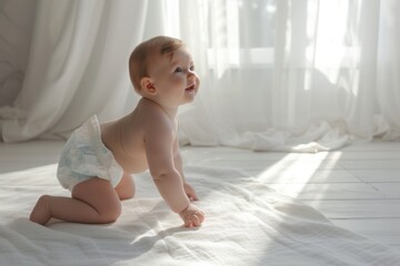 A baby in a diaper crawling on a floor, illuminated by sunlight. Bright, airy background. Concept of innocence and childhood joy.