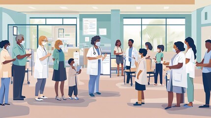 Illustration of a vaccination drive with diverse groups of people receiving vaccines in a community center