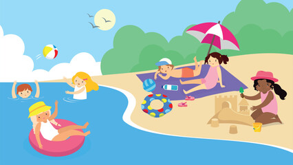 Children playing on the beach. Summer vacation. Flat design vector illustration.