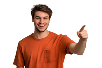 Young caucasian handsome man isolated smiling and pointing aside, showing something at blank space.
