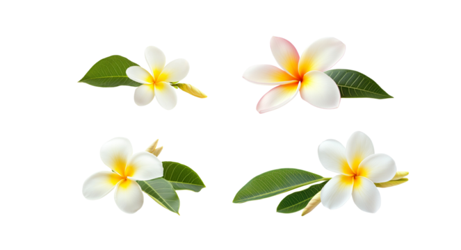 Set of trumpet flowers with separate leaves on a white background.