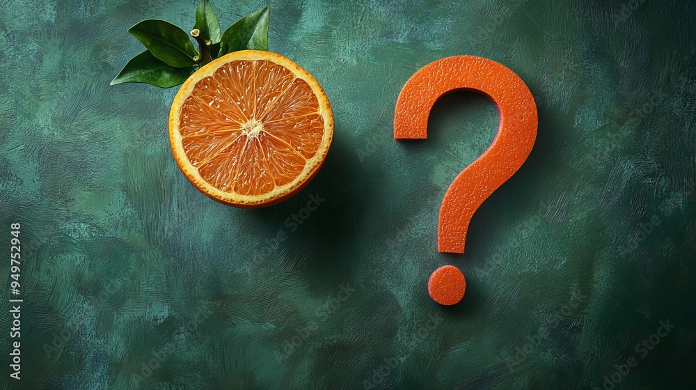 Wall mural A slice of orange is on a table next to a question mark