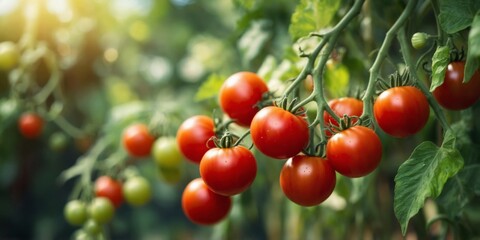 Obraz premium Ripe tomatoes growing on vines in a sunny garden.