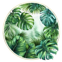 Fototapeta premium Tropical leaves and geometric patterns in green on a white background