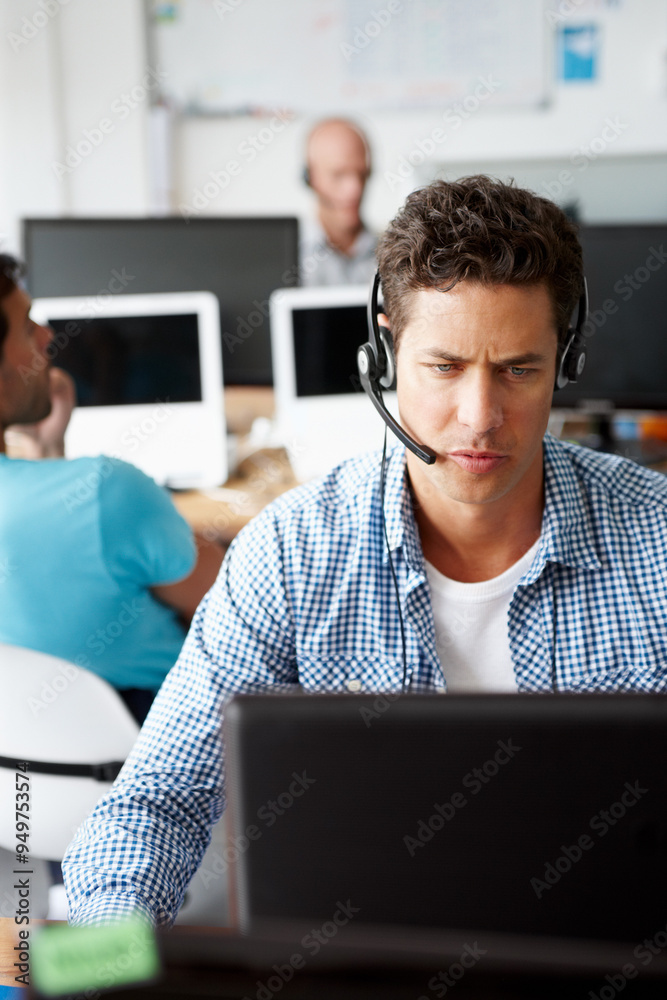 Poster call center, businessman and discussion with headset in office for client sales, consulting and supp
