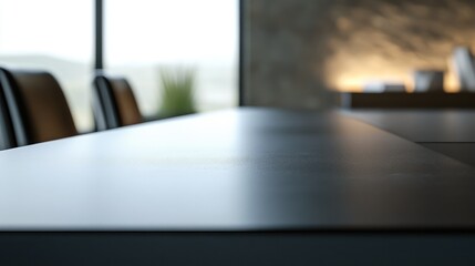 Close-up of a dark gray desk top with a focus on its sleek, minimalist design and elegant, smooth surface.