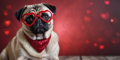 Pug dog with heart shaped Valentine's day glasses.