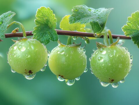 Vibrant 3D Gooseberry with Water Droplets on Branch in Soft Mint Background Under Superb Studio Lighting