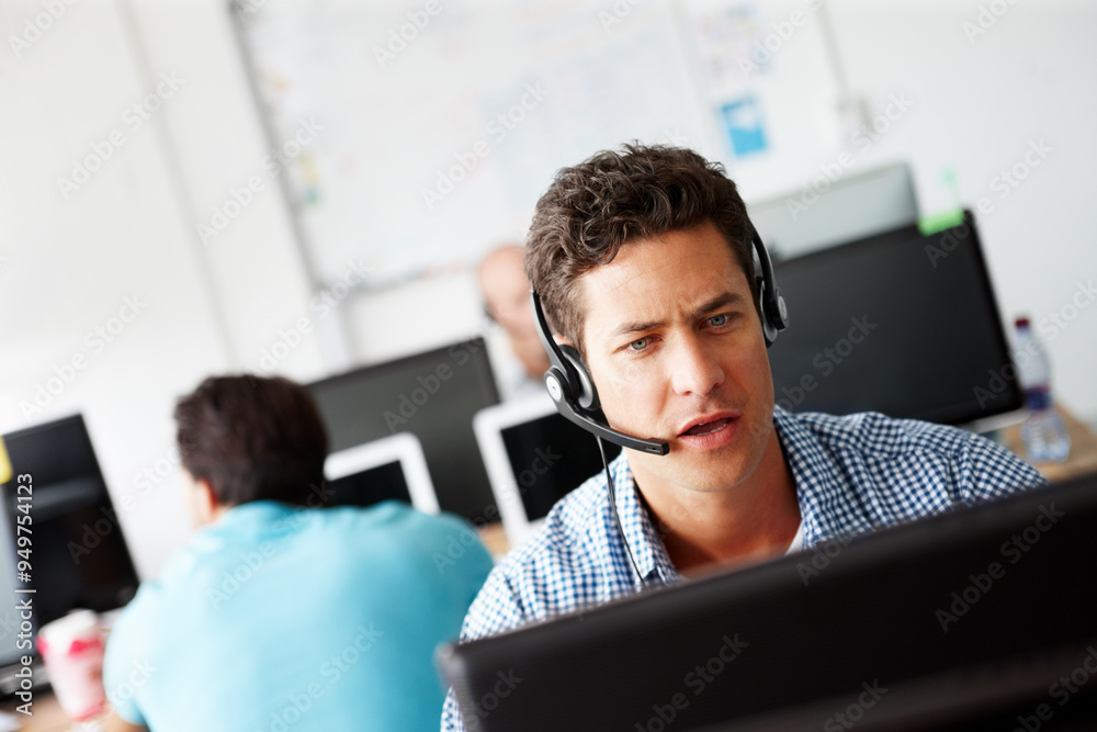 Poster Call center, technical support and man in office with headset for online consultation with omnichannel crm. Advisor, tech and customer service agent with inbound communication, network or contact.
