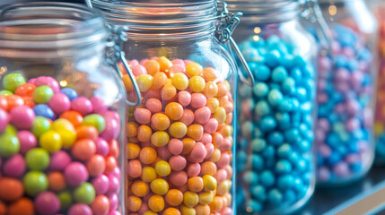 A collection of multicolor candies displayed in several glass jars on a rustic wooden background. The jars are filled with a variety of vibrant candies, including jelly beans, gummy bears,