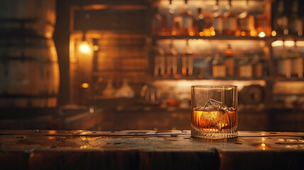 A glass of whiskey sits on a bar counter