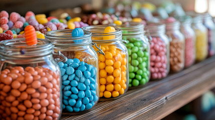 A collection of multicolor candies displayed in several glass jars on a rustic wooden background. The jars are filled with a variety of vibrant candies, including jelly beans, gummy bears,