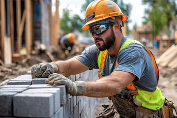 A focused construction worker expertly laying bricks on a building site while wearing safety gear.