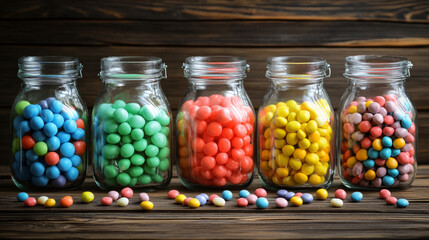 A collection of multicolor candies displayed in several glass jars on a rustic wooden background. The jars are filled with a variety of vibrant candies, including jelly beans, gummy bears,