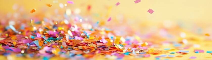 Fototapeta premium Vibrant and colorful confetti scattered against a bright yellow background, perfect for celebrations and festive moments.