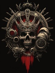 A stylized skull with a crown, gears, and red accents, symbolizing power and mortality.