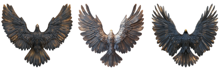 Detailed eagle wall decorations in flying poses isolated on transparent background