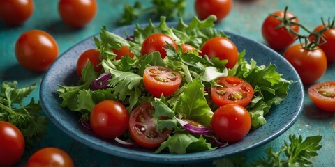 Fresh salad with cherry tomatoes and greens on colorful background.