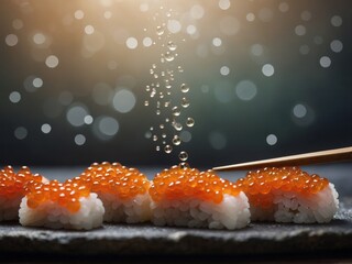 Adding salmon roe on sushi delicately with tweezers.