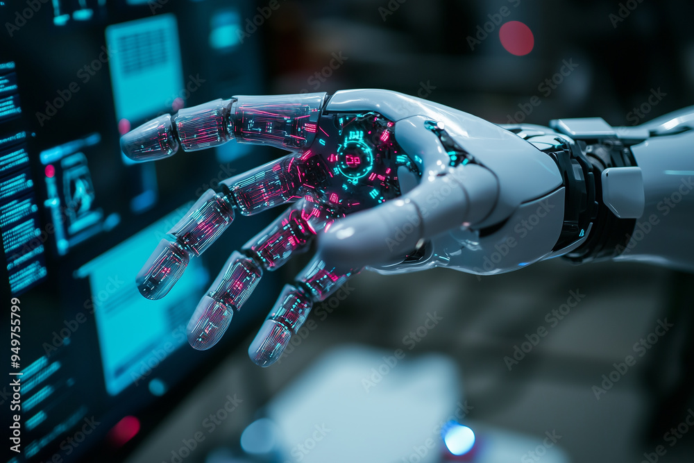 Aufkleber A close-up view of a futuristic robotic hand with intricate glowing circuits, symbolizing advanced technology, artificial intelligence, and the future of robotics.