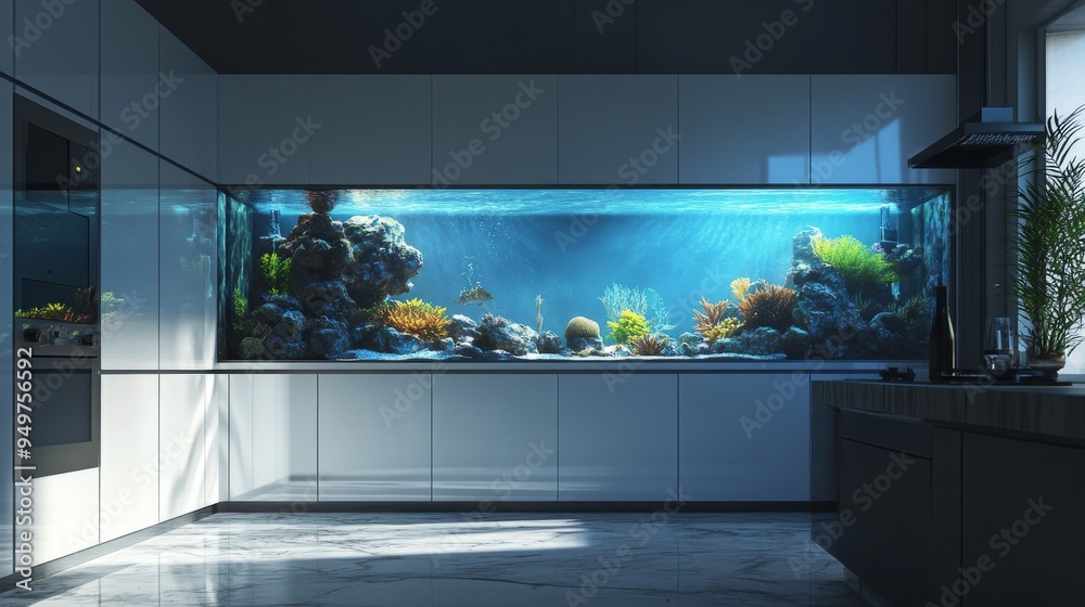 Sticker a large aquarium in the kitchen, with a white marble floor and walls, a modern interior design