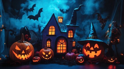 Fototapeta premium Halloween background with pumpkin and bats and old house