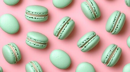 Mint macaroons in a row on pink background,french macaroons,Paris Pastry macaron green tea,Pastry shop card with copy space,french macaroons,bakery and branding concept,copy space.