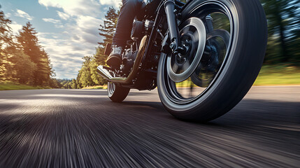 A low-angle shot of a motorbike’s front tire and fork, captured as it speeds down a straight road, with the focus on the motion and the road beneath.


