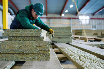 Worker installing sustainable insulation panels, focused and careful, in a green construction site