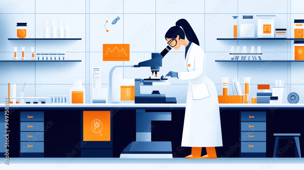 Poster Illustration of a scientist in a laboratory wearing a lab coat and examining samples through a microscope, with lab equipment and chemicals on shelves and countertops.