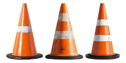 Set of upright traffic cones isolated on transparent background