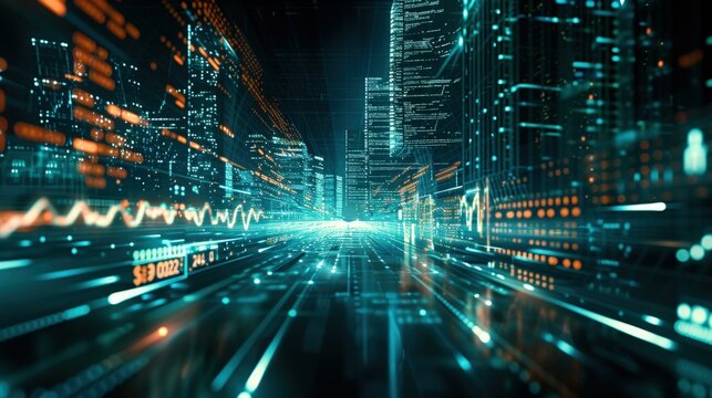 Futuristic Cityscape with Data and Technology Concepts