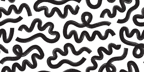 Abstract black ink brush waves, squiggles, strokes vector seamless pattern. Hand drawn grunge curved organic shapes