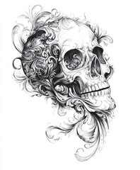 A detailed illustration of a skull intertwined with ornate floral designs.