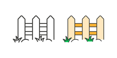 Wooden plank fence icon. Garden yard fence. Line and colored vector illustration.