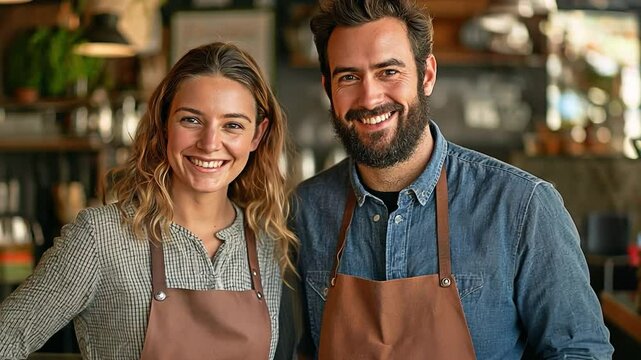 Caucasian small company owner grinning, serving as a waiter or barista as a female auditor holds a clipboard and stands at the bar, restaurant, or cafe counter, examining the quality of the products w