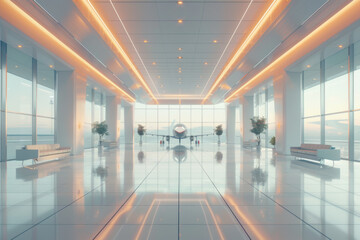 Obraz premium Empty airport terminal lounge Minimal Style with airplane on background