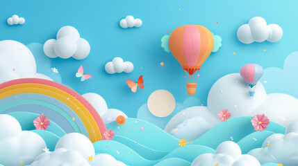 Fototapeta premium Beautiful fluffy clouds on blue sky background with summer sun