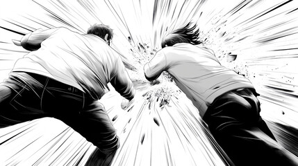 Dynamic manga scene of two characters punching with dramatic impact and debris flying outwards.