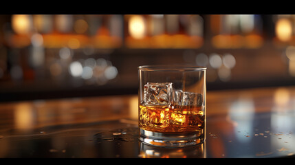 A glass of whiskey sits on a bar counter